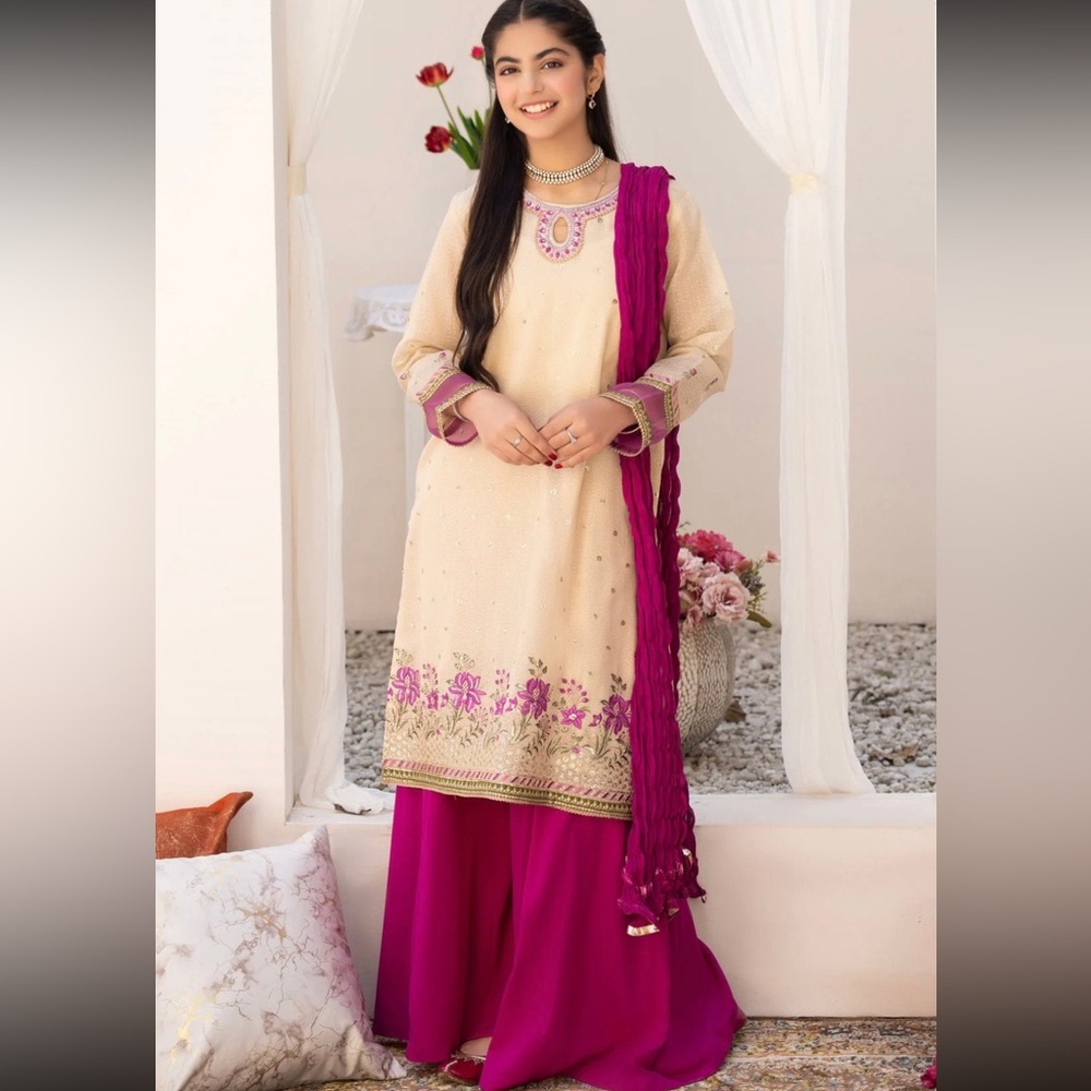 Teen Palazzo Salwar Suit Cream and Purple - 13-14 years